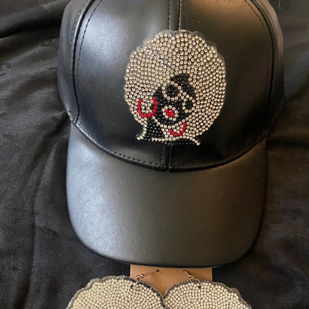 Women's Black Girl Hat and Earring Set - Brand New